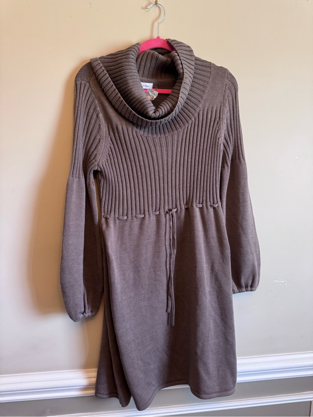 Brand New Calvin Klein  Neck Long Sleeve Knit Dress Sweater - Taupe